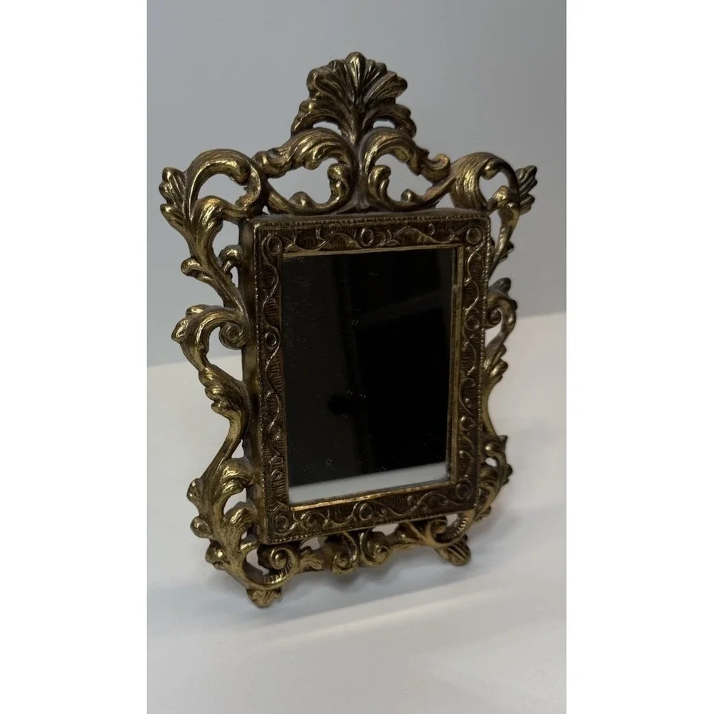 Vtg Gold‎ Vanity Mirror Ornate Rococo Hollywood Regency Tabletop Easel Baroque
